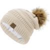 imageAmerican Trends Beanies Women Winter Hats for Women Satin Lined Slouchy Beanie with Pom Pom Warm Cable Knit Snow Ski HatA Beige