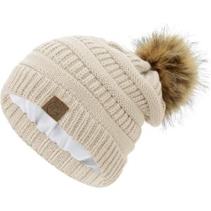 imageAmerican Trends Beanies Women Winter Hats for Women Satin Lined Slouchy Beanie with Pom Pom Warm Cable Knit Snow Ski HatA Beige