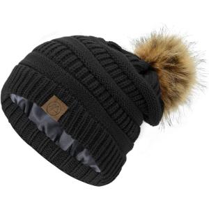 imageAmerican Trends Beanies Women Winter Hats for Women Satin Lined Slouchy Beanie with Pom Pom Warm Cable Knit Snow Ski HatA Black