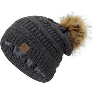 imageAmerican Trends Beanies Women Winter Hats for Women Satin Lined Slouchy Beanie with Pom Pom Warm Cable Knit Snow Ski HatA Dark Grey