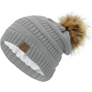 imageAmerican Trends Beanies Women Winter Hats for Women Satin Lined Slouchy Beanie with Pom Pom Warm Cable Knit Snow Ski HatA Light Grey