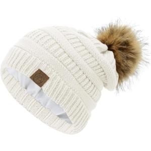 imageAmerican Trends Beanies Women Winter Hats for Women Satin Lined Slouchy Beanie with Pom Pom Warm Cable Knit Snow Ski HatA White