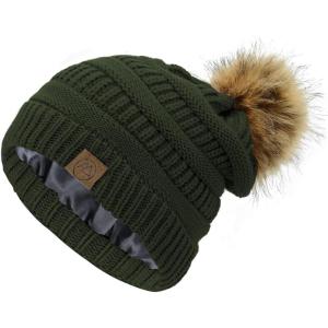 imageAmerican Trends Beanies Women Winter Hats for Women Satin Lined Slouchy Beanie with Pom Pom Warm Cable Knit Snow Ski HatArmy Green