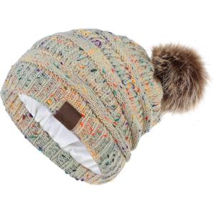 imageAmerican Trends Beanies Women Winter Hats for Women Satin Lined Slouchy Beanie with Pom Pom Warm Cable Knit Snow Ski HatBeige Mix