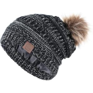 imageAmerican Trends Beanies Women Winter Hats for Women Satin Lined Slouchy Beanie with Pom Pom Warm Cable Knit Snow Ski HatBlack  Grey