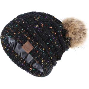 imageAmerican Trends Beanies Women Winter Hats for Women Satin Lined Slouchy Beanie with Pom Pom Warm Cable Knit Snow Ski HatBlack Mix