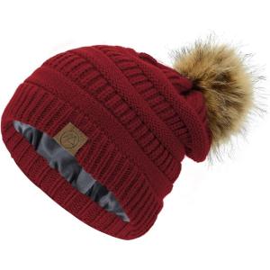 imageAmerican Trends Beanies Women Winter Hats for Women Satin Lined Slouchy Beanie with Pom Pom Warm Cable Knit Snow Ski HatBurgundy