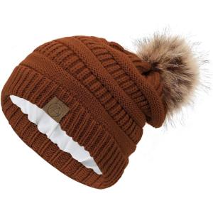 imageAmerican Trends Beanies Women Winter Hats for Women Satin Lined Slouchy Beanie with Pom Pom Warm Cable Knit Snow Ski HatDeep Orange