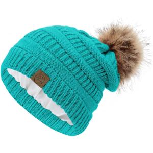 imageAmerican Trends Beanies Women Winter Hats for Women Satin Lined Slouchy Beanie with Pom Pom Warm Cable Knit Snow Ski HatLake Blue