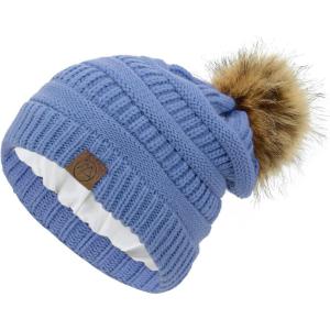 imageAmerican Trends Beanies Women Winter Hats for Women Satin Lined Slouchy Beanie with Pom Pom Warm Cable Knit Snow Ski HatLight Blue