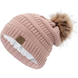 imageAmerican Trends Beanies Women Winter Hats for Women Satin Lined Slouchy Beanie with Pom Pom Warm Cable Knit Snow Ski HatLight Pink