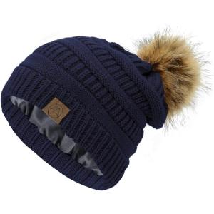 imageAmerican Trends Beanies Women Winter Hats for Women Satin Lined Slouchy Beanie with Pom Pom Warm Cable Knit Snow Ski HatNavy Blue