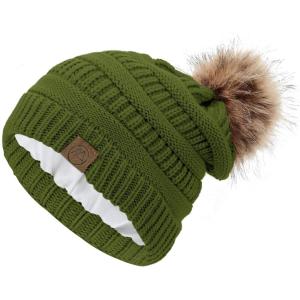 imageAmerican Trends Beanies Women Winter Hats for Women Satin Lined Slouchy Beanie with Pom Pom Warm Cable Knit Snow Ski HatOlive