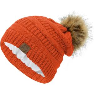imageAmerican Trends Beanies Women Winter Hats for Women Satin Lined Slouchy Beanie with Pom Pom Warm Cable Knit Snow Ski HatOrange