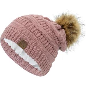 imageAmerican Trends Beanies Women Winter Hats for Women Satin Lined Slouchy Beanie with Pom Pom Warm Cable Knit Snow Ski HatPink