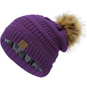 imageAmerican Trends Beanies Women Winter Hats for Women Satin Lined Slouchy Beanie with Pom Pom Warm Cable Knit Snow Ski HatPurple