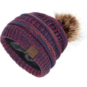 imageAmerican Trends Beanies Women Winter Hats for Women Satin Lined Slouchy Beanie with Pom Pom Warm Cable Knit Snow Ski HatPurple Mix