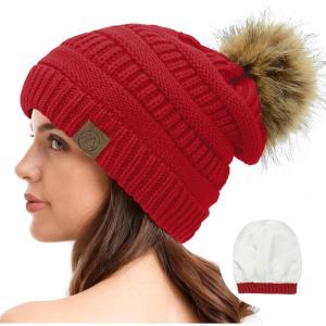 imageAmerican Trends Beanies Women Winter Hats for Women Satin Lined Slouchy Beanie with Pom Pom Warm Cable Knit Snow Ski HatRed