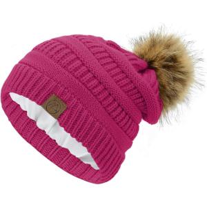 imageAmerican Trends Beanies Women Winter Hats for Women Satin Lined Slouchy Beanie with Pom Pom Warm Cable Knit Snow Ski HatRose Pink