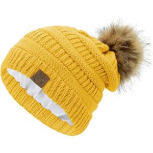 imageAmerican Trends Beanies Women Winter Hats for Women Satin Lined Slouchy Beanie with Pom Pom Warm Cable Knit Snow Ski HatYellow