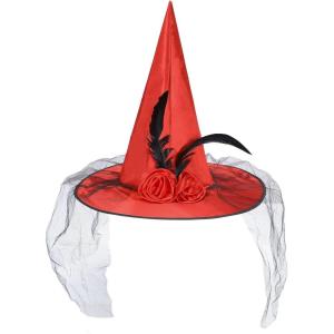 imageAmerican Trends Halloween Witch Hat for Women Steeple Lace Halloween Costume Accessory for PartyX Red