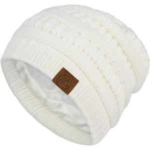 imageBeanies Women Satin Lined Beanie Winter Hats for Women Silk Lined Slouchy Beanie for Winter Warm Knit Cuffed Beanie HatA White