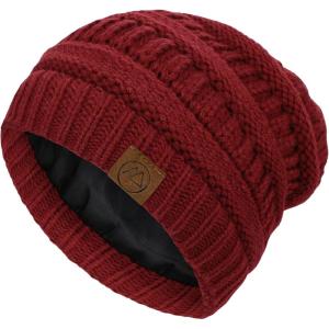imageBeanies Women Satin Lined Beanie Winter Hats for Women Silk Lined Slouchy Beanie for Winter Warm Knit Cuffed Beanie HatBurgundy