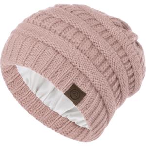 imageBeanies Women Satin Lined Beanie Winter Hats for Women Silk Lined Slouchy Beanie for Winter Warm Knit Cuffed Beanie HatLight Pink