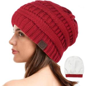 imageBeanies Women Satin Lined Beanie Winter Hats for Women Silk Lined Slouchy Beanie for Winter Warm Knit Cuffed Beanie HatRed