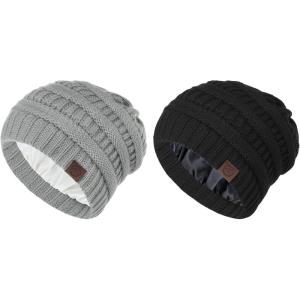 imageBeanies Women Satin Lined Beanie Winter Hats for Women Silk Lined Slouchy Beanie for Winter Warm Knit Cuffed Beanie HatX Black Light Grey