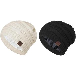 imageBeanies Women Satin Lined Beanie Winter Hats for Women Silk Lined Slouchy Beanie for Winter Warm Knit Cuffed Beanie HatX Blackbeige