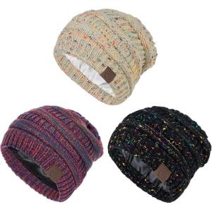 imageBeanies Women Satin Lined Beanie Winter Hats for Women Silk Lined Slouchy Beanie for Winter Warm Knit Cuffed Beanie HatY Beigeblackpurple