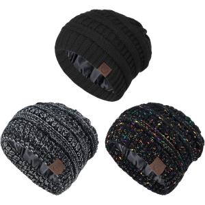 imageBeanies Women Satin Lined Beanie Winter Hats for Women Silk Lined Slouchy Beanie for Winter Warm Knit Cuffed Beanie HatY Blackblack Mixblack Grey Mix