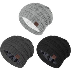 imageBeanies Women Satin Lined Beanie Winter Hats for Women Silk Lined Slouchy Beanie for Winter Warm Knit Cuffed Beanie HatY Blackdark Greylight Grey