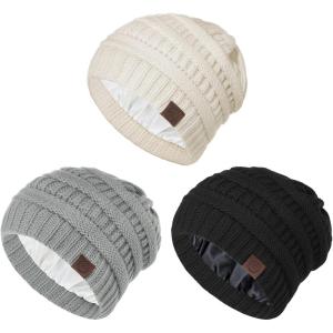imageBeanies Women Satin Lined Beanie Winter Hats for Women Silk Lined Slouchy Beanie for Winter Warm Knit Cuffed Beanie HatY Blacklight Greybeige