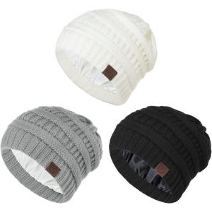 imageBeanies Women Satin Lined Beanie Winter Hats for Women Silk Lined Slouchy Beanie for Winter Warm Knit Cuffed Beanie HatY Blacklight Greywhite
