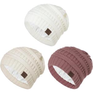 imageBeanies Women Satin Lined Beanie Winter Hats for Women Silk Lined Slouchy Beanie for Winter Warm Knit Cuffed Beanie HatY Whitebeigepink