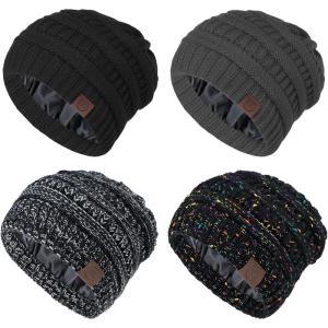 imageBeanies Women Satin Lined Beanie Winter Hats for Women Silk Lined Slouchy Beanie for Winter Warm Knit Cuffed Beanie HatZ Blackdark Greyblack Mixblack Grey