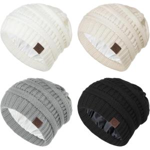 imageBeanies Women Satin Lined Beanie Winter Hats for Women Silk Lined Slouchy Beanie for Winter Warm Knit Cuffed Beanie HatZ Blacklight Greywhitebeige
