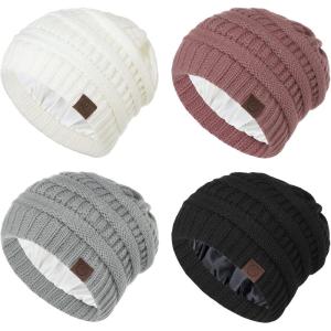 imageBeanies Women Satin Lined Beanie Winter Hats for Women Silk Lined Slouchy Beanie for Winter Warm Knit Cuffed Beanie HatZ Blacklight Greywhitepink