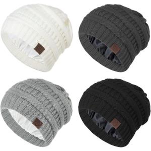 imageBeanies Women Satin Lined Beanie Winter Hats for Women Silk Lined Slouchy Beanie for Winter Warm Knit Cuffed Beanie HatZ Blackwhitedark Greylight Grey