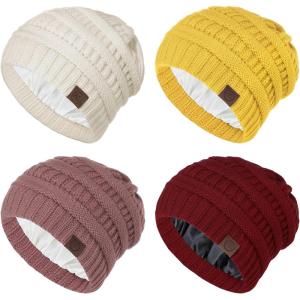 imageBeanies Women Satin Lined Beanie Winter Hats for Women Silk Lined Slouchy Beanie for Winter Warm Knit Cuffed Beanie HatZ Pinkyellowburgundybeige