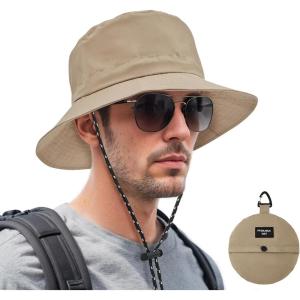 imageBucket hat for Women Men Waterproof Wide Brim Sun Hats Foldable Boonie Safari Fishing Hiking Beach HatsKhaki