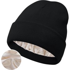 imageSatin Lined Winter Beanie Hats for Women Knit Beanie Hat Slouchy Skull Caps Silk Lining Unisex HatsBlack