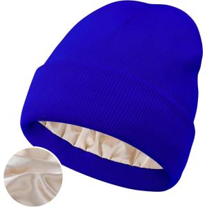 imageSatin Lined Winter Beanie Hats for Women Knit Beanie Hat Slouchy Skull Caps Silk Lining Unisex HatsBlue