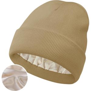 imageSatin Lined Winter Beanie Hats for Women Knit Beanie Hat Slouchy Skull Caps Silk Lining Unisex HatsKhaki