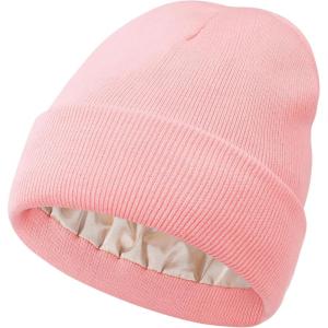 imageSatin Lined Winter Beanie Hats for Women Knit Beanie Hat Slouchy Skull Caps Silk Lining Unisex HatsPink