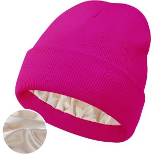 imageSatin Lined Winter Beanie Hats for Women Knit Beanie Hat Slouchy Skull Caps Silk Lining Unisex HatsRose