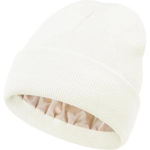 imageSatin Lined Winter Beanie Hats for Women Knit Beanie Hat Slouchy Skull Caps Silk Lining Unisex HatsWhite