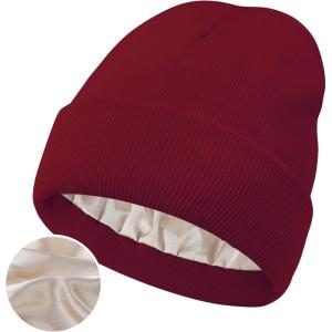 imageSatin Lined Winter Beanie Hats for Women Knit Beanie Hat Slouchy Skull Caps Silk Lining Unisex HatsWine Red